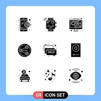 Pack of 9 Modern Solid Glyphs Signs and Symbols for Web Print Media such as communication media digital social share Editable Vector Design Elements