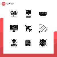 Modern Set of 9 Solid Glyphs Pictograph of airport monitor computing cloud hardware Editable Vector Design Elements