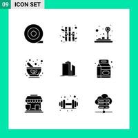 Universal Icon Symbols Group of 9 Modern Solid Glyphs of office buildings bowl architecture herbal Editable Vector Design Elements