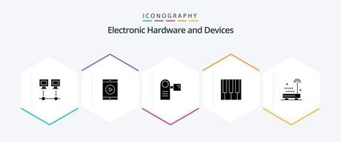 paquete de iconos de 25 glifos de dispositivos que incluye música. audio. película. equipo. eléctrico vector