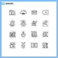 User Interface Pack of 16 Basic Outlines of clear travel network suitcase holding Editable Vector Design Elements