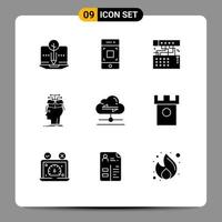 Pack of 9 Modern Solid Glyphs Signs and Symbols for Web Print Media such as sharing head analog extraction sound Editable Vector Design Elements