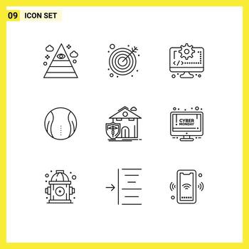 Editable Vector Line Pack of 9 Simple Outlines of house insurance coding game tennis Editable Vector Design Elements