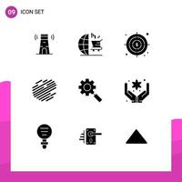 Pack of 9 Modern Solid Glyphs Signs and Symbols for Web Print Media such as gear search business crypto currency coin Editable Vector Design Elements