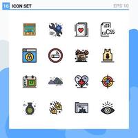 16 signos de línea rellenos de color plano universal símbolos de desarrollo configuración css codificación circo elementos de diseño de vector creativo editable