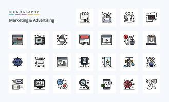 paquete de iconos de estilo lleno de línea de marketing y publicidad de 25 vector