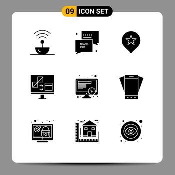 9 glifos sólidos universales establecidos para la programación de aplicaciones web y móviles desarrollar elementos de diseño de vectores editables de aplicaciones de computadora sms