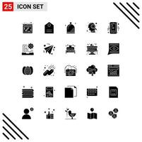 25 User Interface Solid Glyph Pack of modern Signs and Symbols of mobile search event mind head Editable Vector Design Elements