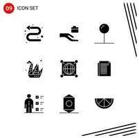 Universal Icon Symbols Group of 9 Modern Solid Glyphs of scince global pin globe origami Editable Vector Design Elements