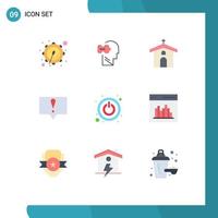 Pack of 9 Modern Flat Colors Signs and Symbols for Web Print Media such as switch power celebration message alert Editable Vector Design Elements