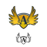plantilla de logotipo de diseño de icono de alas de escudo con letra inicial, plantilla de logotipo de ala delgada de oro de lujo vector
