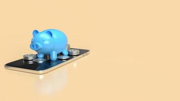 The blue piggy bank on mobile phone for applications or internet banking concept 3d rendering photo