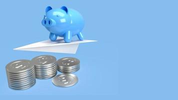 The blue piggy bank on paper plane and coins for earn or save concept 3d rendering photo