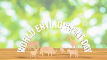 el texto del día mundial del medio ambiente y la placa de madera animal para el concepto de vacaciones representación 3d foto