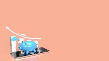 The blue piggy bank on mobile phone and business chart for applications or internet banking concept 3d rendering photo