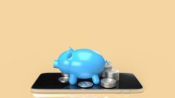 The blue piggy bank on mobile phone for applications or internet banking concept 3d rendering photo