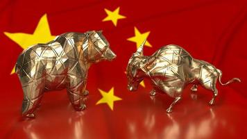 The gold bull and bear on Chinese flag for business concept 3d rendering photo