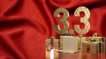 la caja de regalo 3.3 y dorada en seda roja para marketing o promoción de ventas representación 3d foto