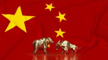 The gold bull and bear on Chinese flag for business concept 3d rendering photo