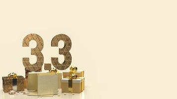 la caja de regalo 3.3 y dorada para marketing o promoción de ventas representación 3d foto