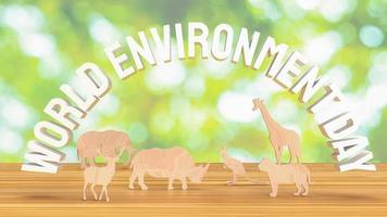 The world environment day text and animal wood plate for holiday concept 3d rendering photo