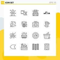 Pack of 16 Modern Outlines Signs and Symbols for Web Print Media such as tree hill movie landscape supermarket Editable Vector Design Elements