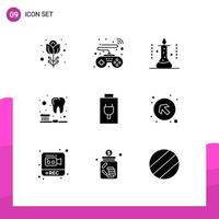 9 Universal Solid Glyphs Set for Web and Mobile Applications electric battery laboratory research teeth brush Editable Vector Design Elements