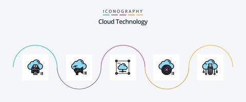 la línea de tecnología en la nube llenó el paquete de iconos planos 5 que incluye el cierre. nube. nube. red. datos vector