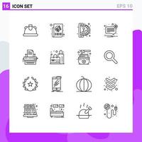 Outline Pack of 16 Universal Symbols of typewriter message insert coin mail alert Editable Vector Design Elements