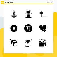 9 User Interface Solid Glyph Pack of modern Signs and Symbols of position circle drink crypto currency coin Editable Vector Design Elements