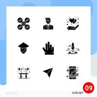 Group of 9 Modern Solid Glyphs Set for hand chinese protect monk emperor Editable Vector Design Elements