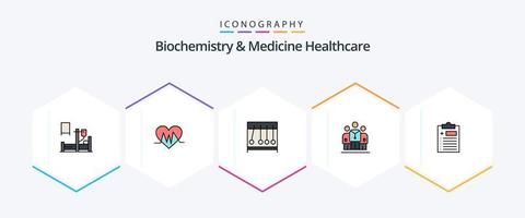 Biochemistry And Medicine Healthcare 25 FilledLine icon pack including clipboard. hospital. perpecul. doctor. medical vector