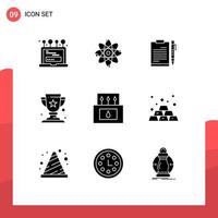 Group of 9 Solid Glyphs Signs and Symbols for winner award document sheet page Editable Vector Design Elements