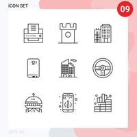 9 User Interface Outline Pack of modern Signs and Symbols of building back hotel mobile phone Editable Vector Design Elements