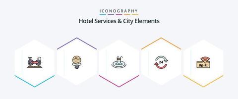 servicios de hotel y elementos de la ciudad paquete de iconos de 25 líneas completas que incluye servicio. no. hotel. hotel. servicio vector