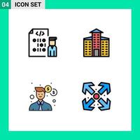 Mobile Interface Filledline Flat Color Set of 4 Pictograms of coding man programmer city money Editable Vector Design Elements