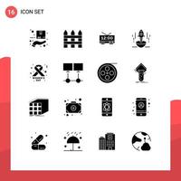 Pack of 16 Modern Solid Glyphs Signs and Symbols for Web Print Media such as spaceship startup clock business launch Editable Vector Design Elements