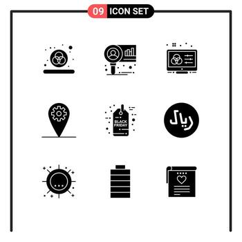 9 Universal Solid Glyphs Set for Web and Mobile Applications sale black friday adjustment location gear Editable Vector Design Elements