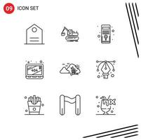 Mobile Interface Outline Set of 9 Pictograms of nature landscape hardware mountain missing Editable Vector Design Elements