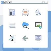 paquete de 9 signos y símbolos de colores planos modernos para medios de impresión web, como configuraciones de toallas de lupa en la nube, servicio de limpieza, elementos de diseño de vectores editables