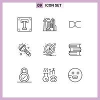 Editable Vector Line Pack of 9 Simple Outlines of attention torch palace light crypto currency Editable Vector Design Elements