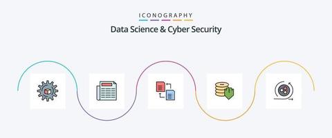 La línea de ciencia de datos y seguridad cibernética llenó un paquete de iconos planos 5 que incluye modelado. modelado. archivo. seguro. dólar vector