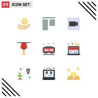 Pack of 9 creative Flat Colors of internet alarm record plain insignia Editable Vector Design Elements