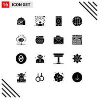 Set of 16 Commercial Solid Glyphs pack for vision world application internet global Editable Vector Design Elements