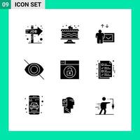 Mobile Interface Solid Glyph Set of 9 Pictograms of unlock design education web eye Editable Vector Design Elements