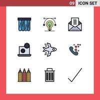 Mobile Interface Filledline Flat Color Set of 9 Pictograms of phone flying email document airplane gear Editable Vector Design Elements