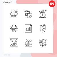 Outline Pack of 9 Universal Symbols of document protection stop privacy gdpr Editable Vector Design Elements