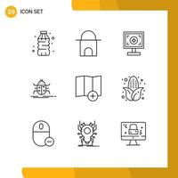 Universal Icon Symbols Group of 9 Modern Outlines of location testing brand insect bug Editable Vector Design Elements