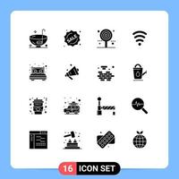 Set of 16 Vector Solid Glyphs on Grid for bed servics shopping wifi lollipop Editable Vector Design Elements