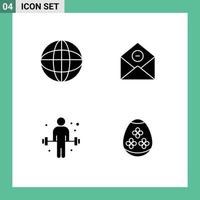 Pack of 4 Modern Solid Glyphs Signs and Symbols for Web Print Media such as world exercise communication mail weightlifting Editable Vector Design Elements